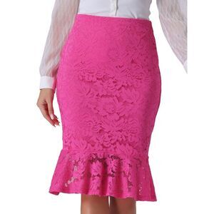 Stretch Knee Length Pencil Fishtail Lace Bodycon Skirt Hot Pink